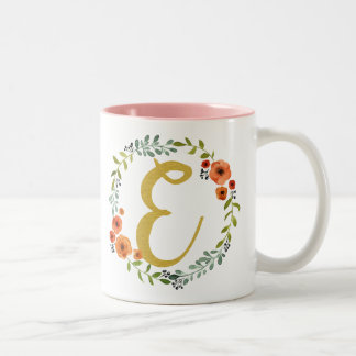 Taza Bicolor Corona de flores Monograma dorado Inicial E