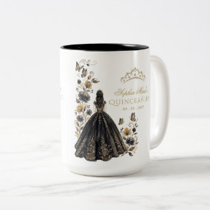 Taza Bicolor Corona de mariposa floral negra dorada Quinceañera