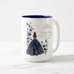 Taza Bicolor Corona de quinceañera de mariposa floral navy oro
