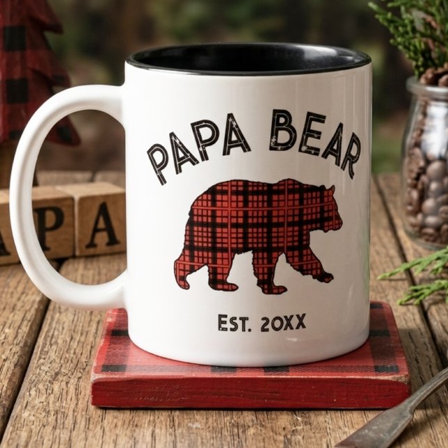 Taza Bicolor Country Plaid Papa Bear Father Year Established (Subido por el creador)