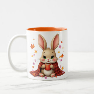 Taza Bicolor Cozy Autumn Design: Rabbit Enjoying Coffee blanket