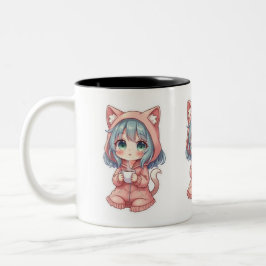 Taza Bicolor Cozy Kawaii Anime Girl with Cat Hoodie – Hot Drink