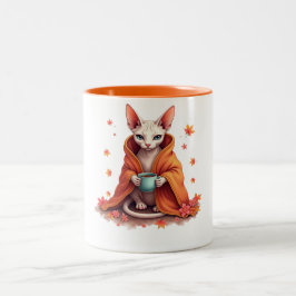 Taza Bicolor Cozy Sphynx Cat Mug - Autumn Fall Blanket & Coffee