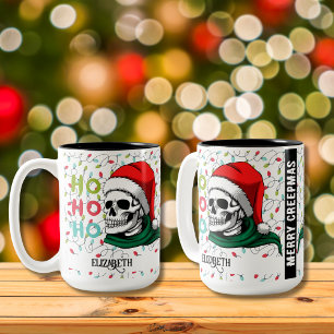 Taza Bicolor Cráneo Divertido Con Sombrero De Santa Ho Ho Ho Na