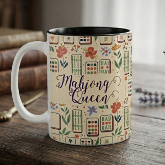 Taza Bicolor Crema Elevada Reina de Mahjong con Acuarela Floral