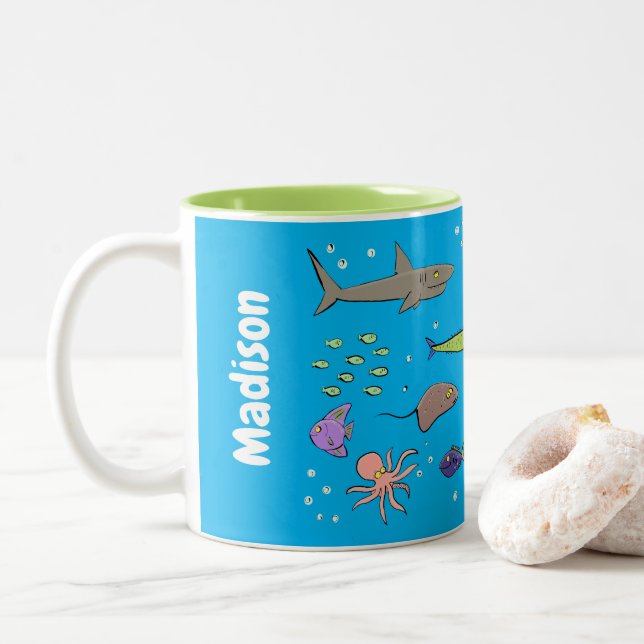 Taza Bicolor Criaturas marinas divertidas patrón de ilustracion (Con donut)