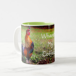 Taza Bicolor Crowing de gallos dónde está mi café gracioso