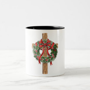 Taza Bicolor Cruz de madera de Navidad cristiana con corona de 
