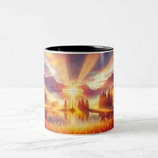 Taza Bicolor Cruz Dorada bajo un glorioso amanecer