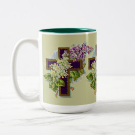 Taza Bicolor Cruz púrpura con las flores