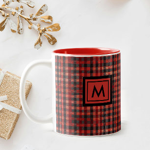 Taza Bicolor Cuadro Escocés Rojo de Tartán con Monograma