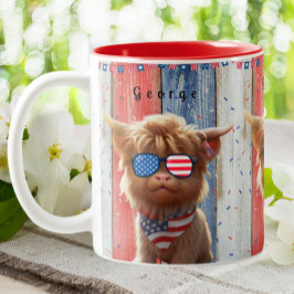Taza Bicolor Cuadros Highland Vaca Patriótica Bandera USA Gafas