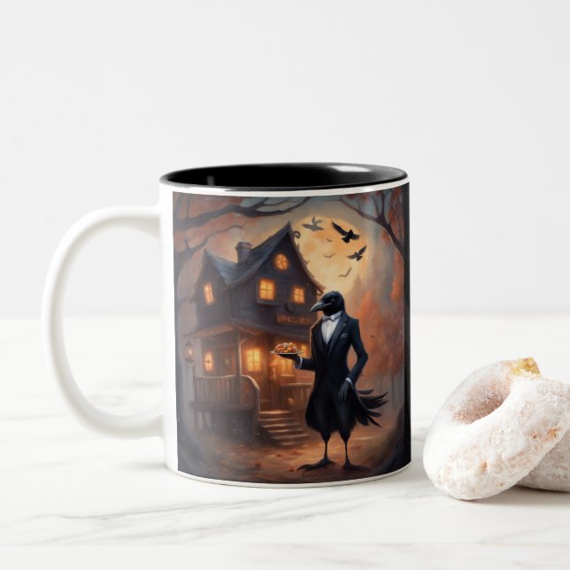 Taza Bicolor Cuervo reparte dulces de Halloween (Con donut)