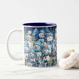 Taza Bicolor Cuidada acuarela Blue Snowman Family