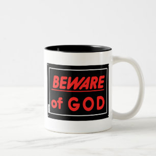 Taza Bicolor Cuidado con el Rótulo de Dios Parody Yard