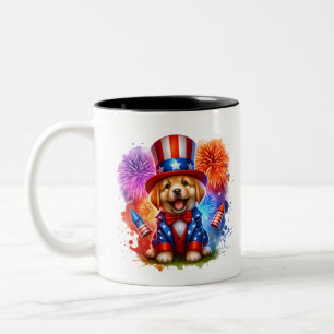 Taza Bicolor Cuidado Tío Patriótico Sam Puppy Fuegos artificial
