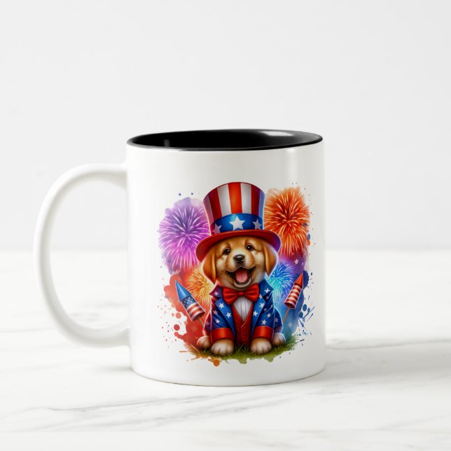 Taza Bicolor Cuidado Tío Patriótico Sam Puppy Fuegos artificial (Izquierda)