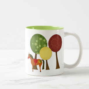 Taza Bicolor Cuidados y coloridos retro ponis y árboles caballo