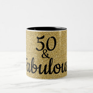 Taza Bicolor Cumpleaños cincuenta y fabuloso con brillo negro y
