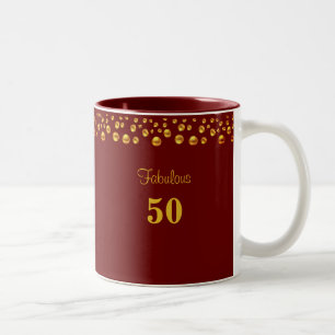 Taza Bicolor Cumpleaños fabuloso 50 y confeti dorado sobre burd