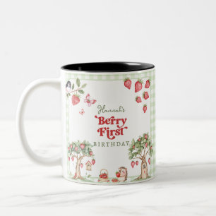 Taza Bicolor Cumpleaños primera fresa Gingham Rosa Primer Cumpl
