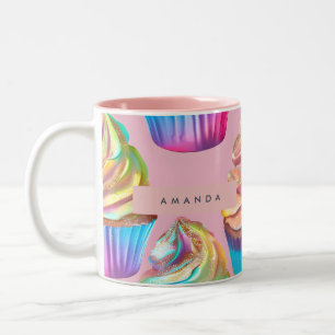 Taza Bicolor Cupcake Pastel de Arcoíris Personalizado con Brill