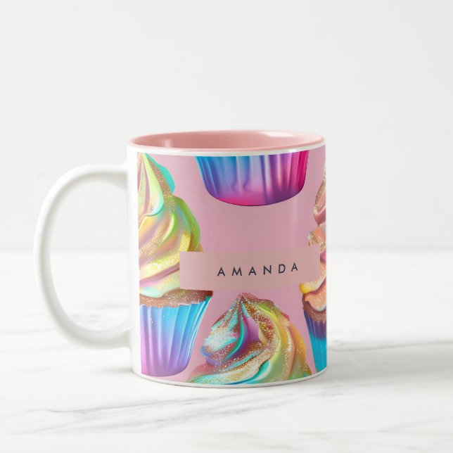 Taza Bicolor Cupcake Pastel de Arcoíris Personalizado con Brill (Izquierda)