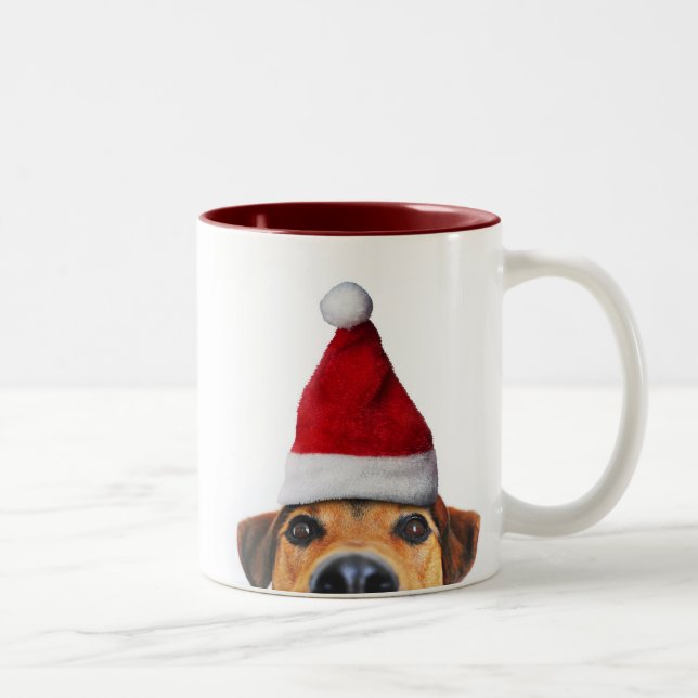 Taza Bicolor Curioso perro gracioso con Santa Hat (Derecha)