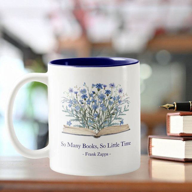 Taza Bicolor Custom Quote Blue Flowers Grow From Book (In situ)