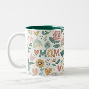 Taza Bicolor Cute Aesthetic Folk Art Flowers & Hearts MOM