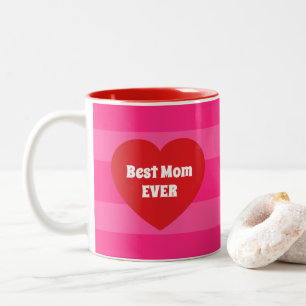 Taza Bicolor Cute Best Mom Ever Corazón Rojo y Rayas Rosadas Am