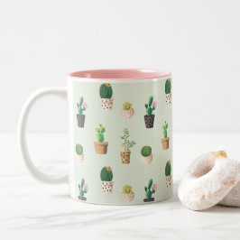 Taza Bicolor Cute Cactus Succulum Plant Pattern Pink Green Mug