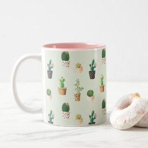 Taza Bicolor Cute Cactus Succulum Plant Pattern Pink Green Mug