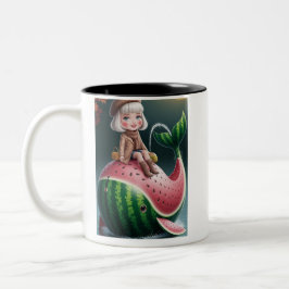 Taza Bicolor Cute Girl Riding a Watermelon Whale