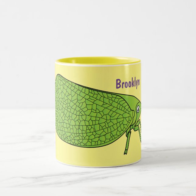 Taza Bicolor Cute green leaf hopper insect cartoon illustration (Centro)
