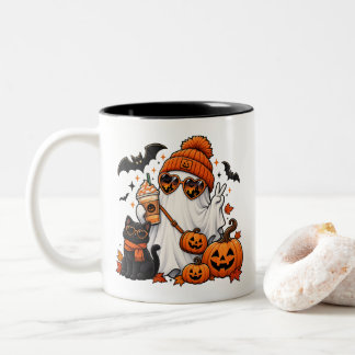 Taza Bicolor Cute Halloween Ghost & Black Cat – Spooky Autumn