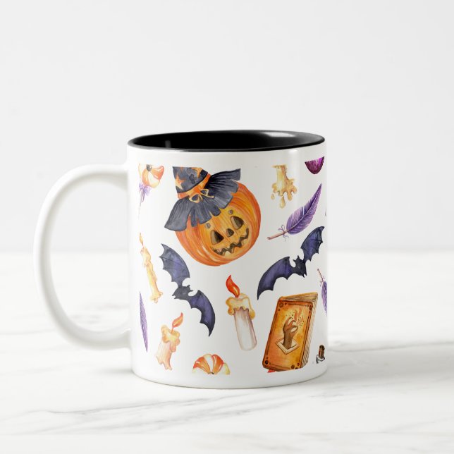 Taza Bicolor Cute Halloween illustration with pumpkin and bats (Izquierda)