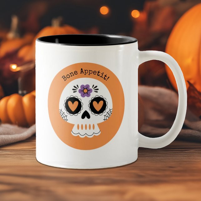 Taza Bicolor Cute Halloween Sugar Skull (Celebrate Halloween with this cute sugar skull mug. Personalize it with your own text.)