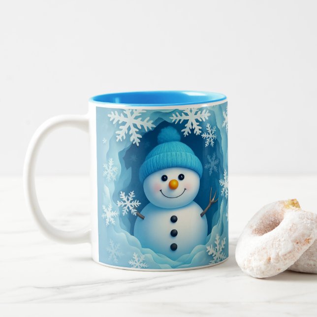 Taza Bicolor Cute Happy Snowman Face Personalized Coffee Mug (Con donut)