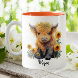 Taza Bicolor Cute Highland Cow Calf Sunflowers Personalizado