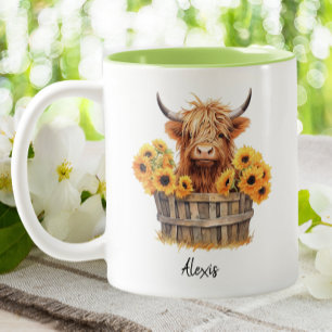 Taza Bicolor Cute Highland Cow Sunflowers Personalizado Floral