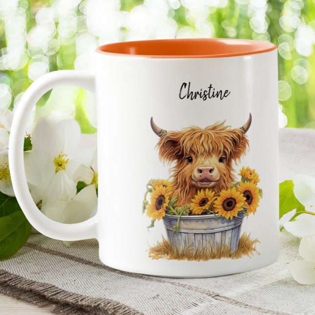 Taza Bicolor Cute Highland Cow Sunflowers Personalizado Floral (Subido por el creador)