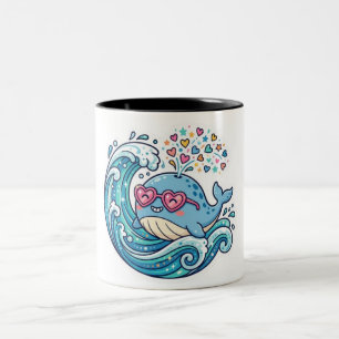 Taza Bicolor Cute Kawaii Ballena Azul Verano Gafas de Corazón S
