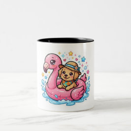 Taza Bicolor Cute Kawaii Summer Perrito Flamingo Piscina Flotad