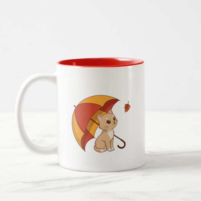 Taza Bicolor Cute Kitten Cat Red Yellow Umbrella Fall (Izquierda)