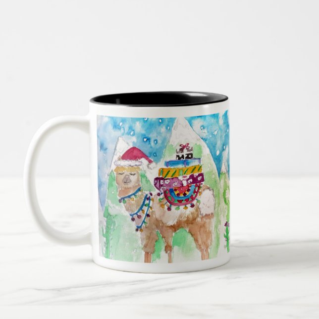 Taza Bicolor Cute Llama Merry Christmas Watercolor arte (Izquierda)
