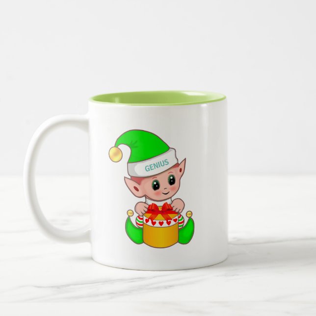 Taza Bicolor Cute Navidad Elfo & Texto Genial Editable (Izquierda)