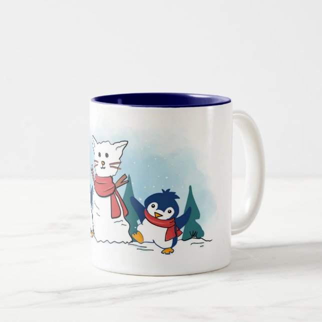 Taza Bicolor Cute Penguins building a Christmas Snowcat (Anverso derecho)