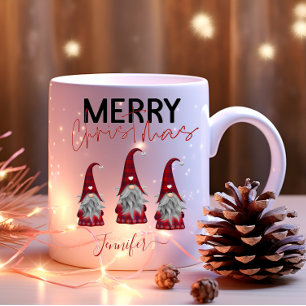 Taza Bicolor Cute Plaid Merry Christmas Gnomom con tu nombre