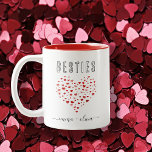 Taza Bicolor Cute Red Watercolor Hearts Besties Names<br><div class="desc">Hand drawn watercolor heart made up of many red hearts,  with editable name and message "Besties",  cute gift for Galentine's Day,  birthday or any other occasion</div>